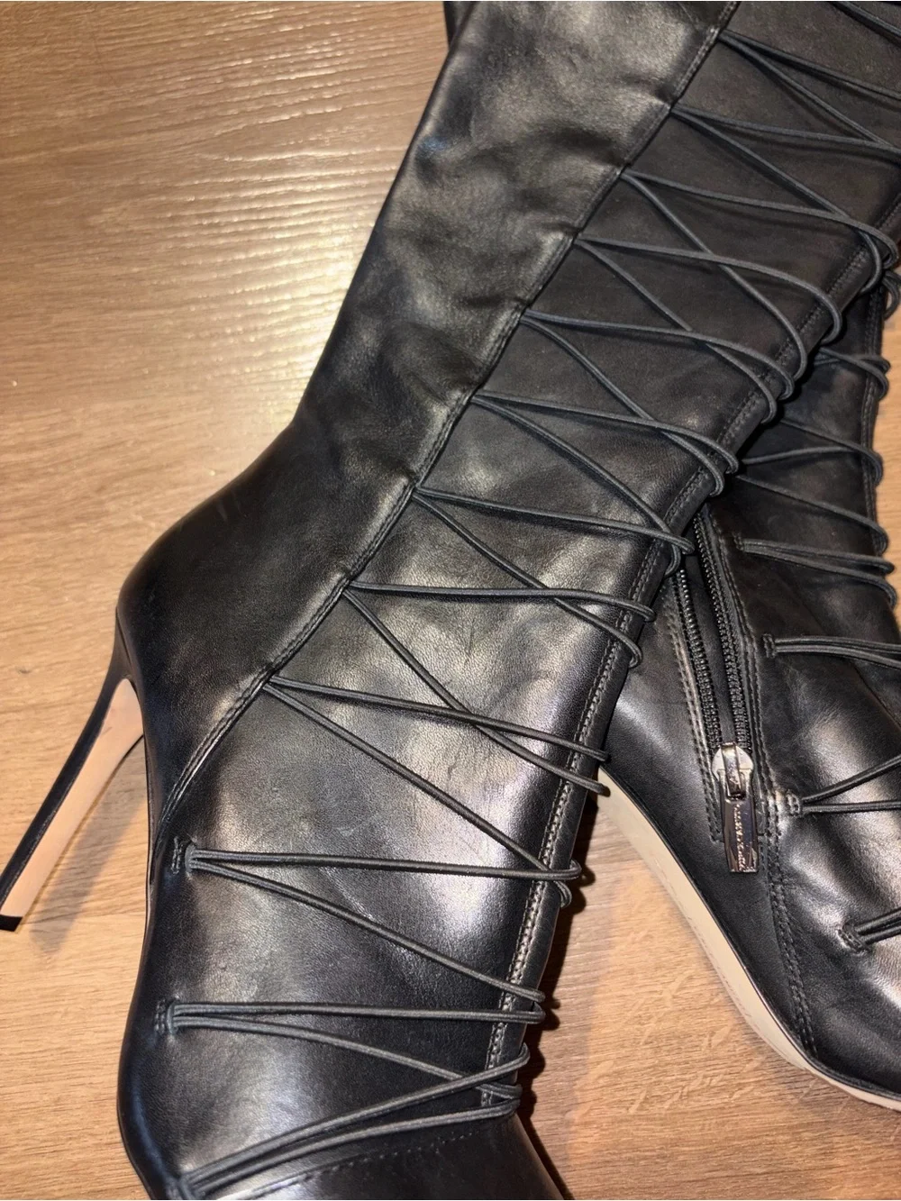Vince Camuto Black Lace-Up Knee-High Peep-Toe Stiletto Boot (Kendra)